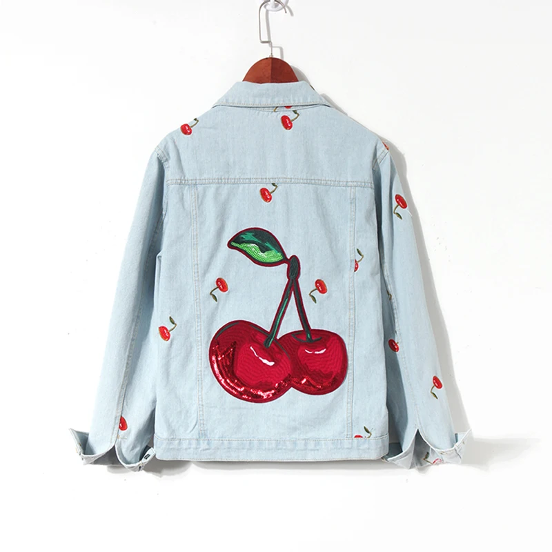 

Autumn Women's Windbreaker Big Pocket Embroidery Denim Jacket Fashion Single Breasted Sequin Jean Jacket Women