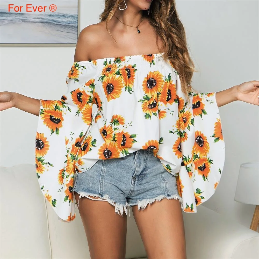 Women Summer Sunflower Floral Printed Bohemian Blouse Off Shoulder