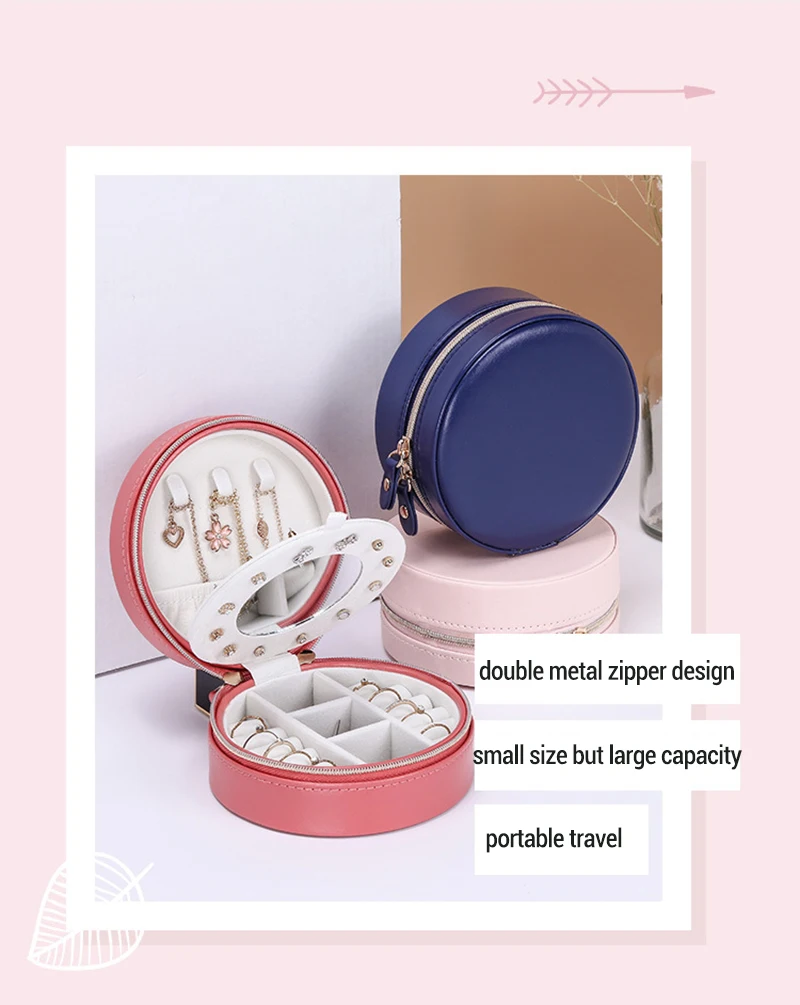 Portable Round Jewelry Box Travel Zipper PU Leather Jewellery Packaging Display Organizer Gift Box Earring Storage Carrying Case