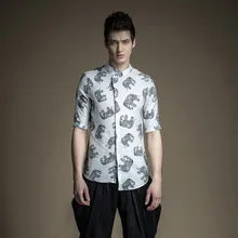 Новая мужская мужской моды случайные летние набивная льняная весеннее платье, рукава до локтя рубашка B172413251 блузка джентльмена в английском стиле