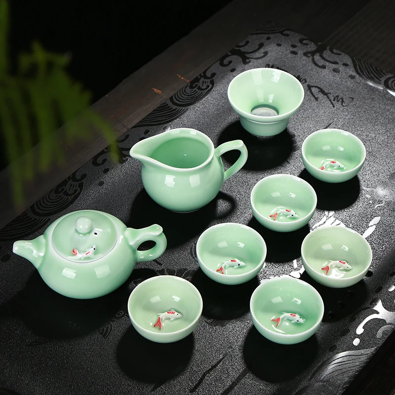Чайный набор Celadon, миска чайник, набор чайных чашек с рыбками, набор чайных чашек Longquan Celadon цвета карпа, специальное предложение