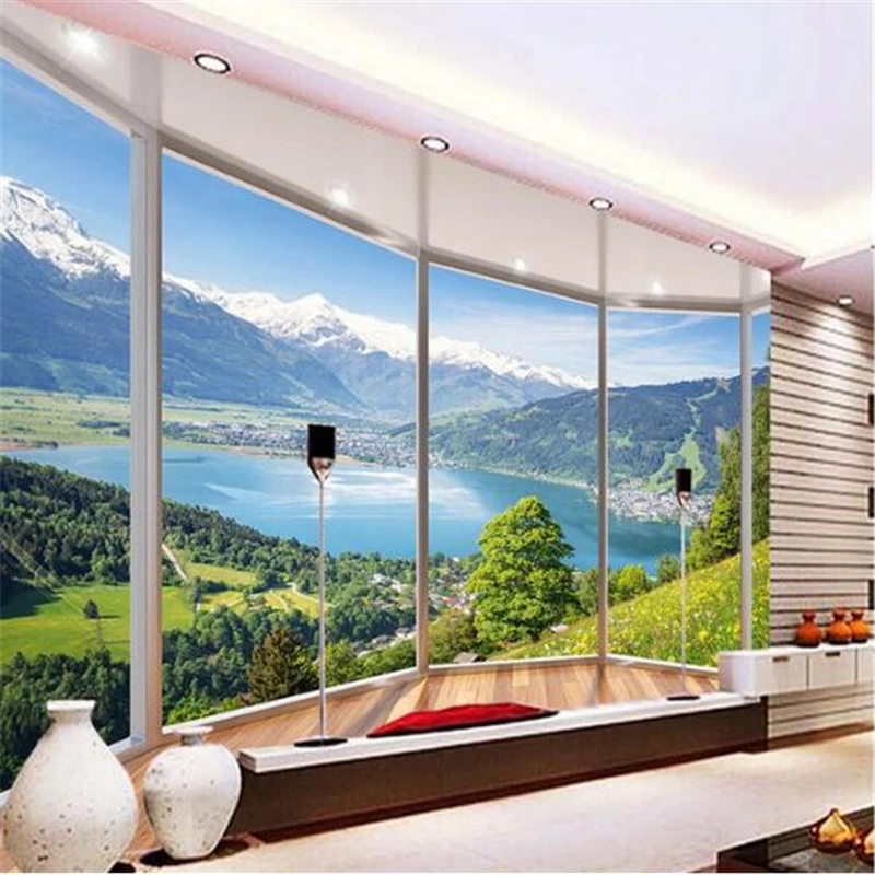 

beibehang Wallpaper 3D Balcony Snowy Lake Landscape Background Modern Europe Mural for Living Room Large Painting Home Decor