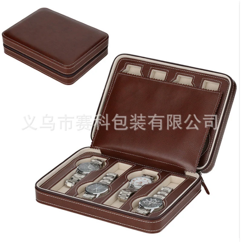 

Brown Leather Zipper 8 Luxury Sports Watch Box Storage Portable Travel Alarm Clocks Storage Box Packing Box, plastic bag