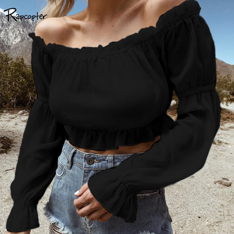 

Rapcopter Off Shoulder Women Long Sleeve Loose Chiffon Summer Blouse Solid Streetwear Tops Casual Ladies Fashion Tee shirts 2019
