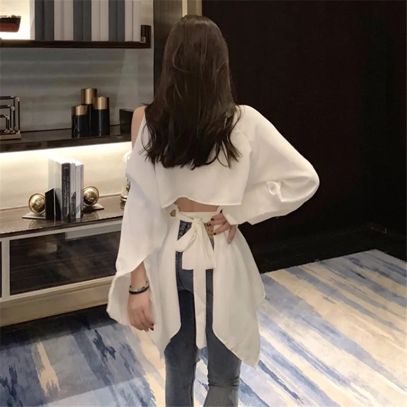 

White Shirts 2019 Summer Korean Chic Style Women Blouse Strapless Strap Back Hollow Out Tunic Tops Long Sleeves Design Shirts