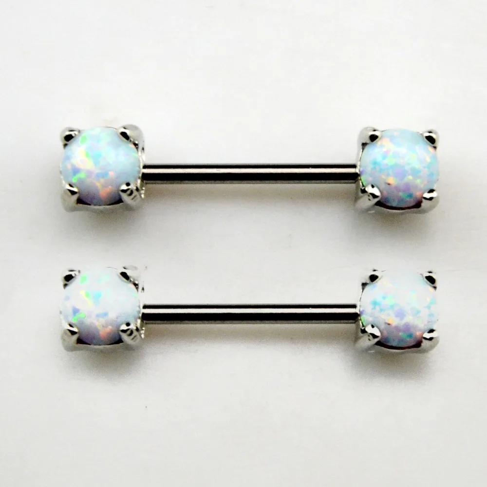 Showlove PAIR Opal Gem Nipple Barbell Rings Piercing 14G Nipple Bars