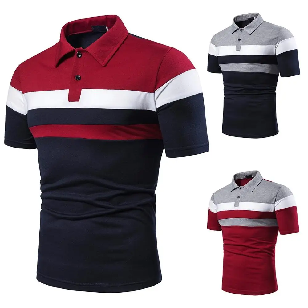 

Men Summer Fashion Short Sleeve Shirt Pathwork Casual Sport Top Blouse embroidery breathable cotton Stitching polo shirt