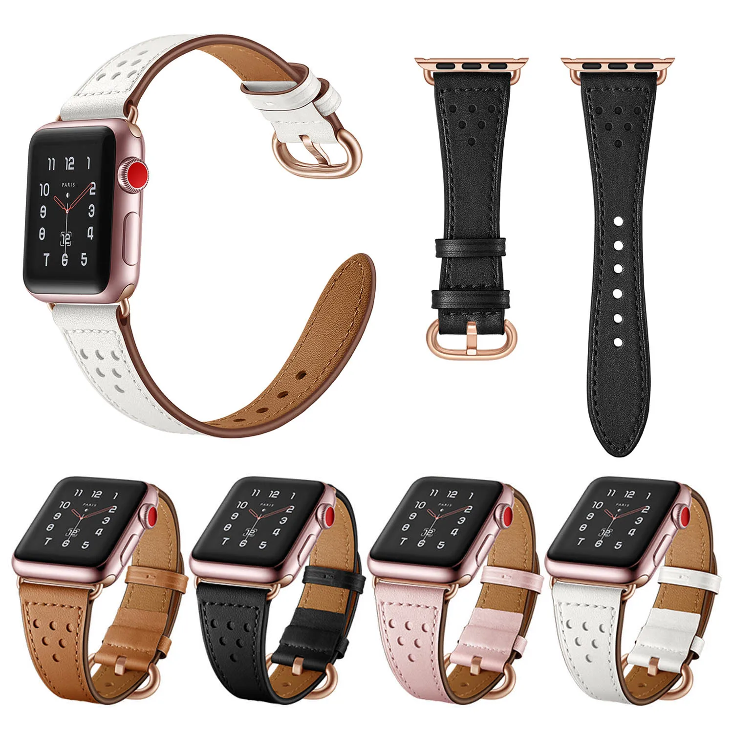

Slim Watch Strap For Apple Watch Band 4/3/2/1 iWatch 44mm 40mm 42mm 38mm Genuine Leather Bracelet w Rose Gold Metal Buckle Belts