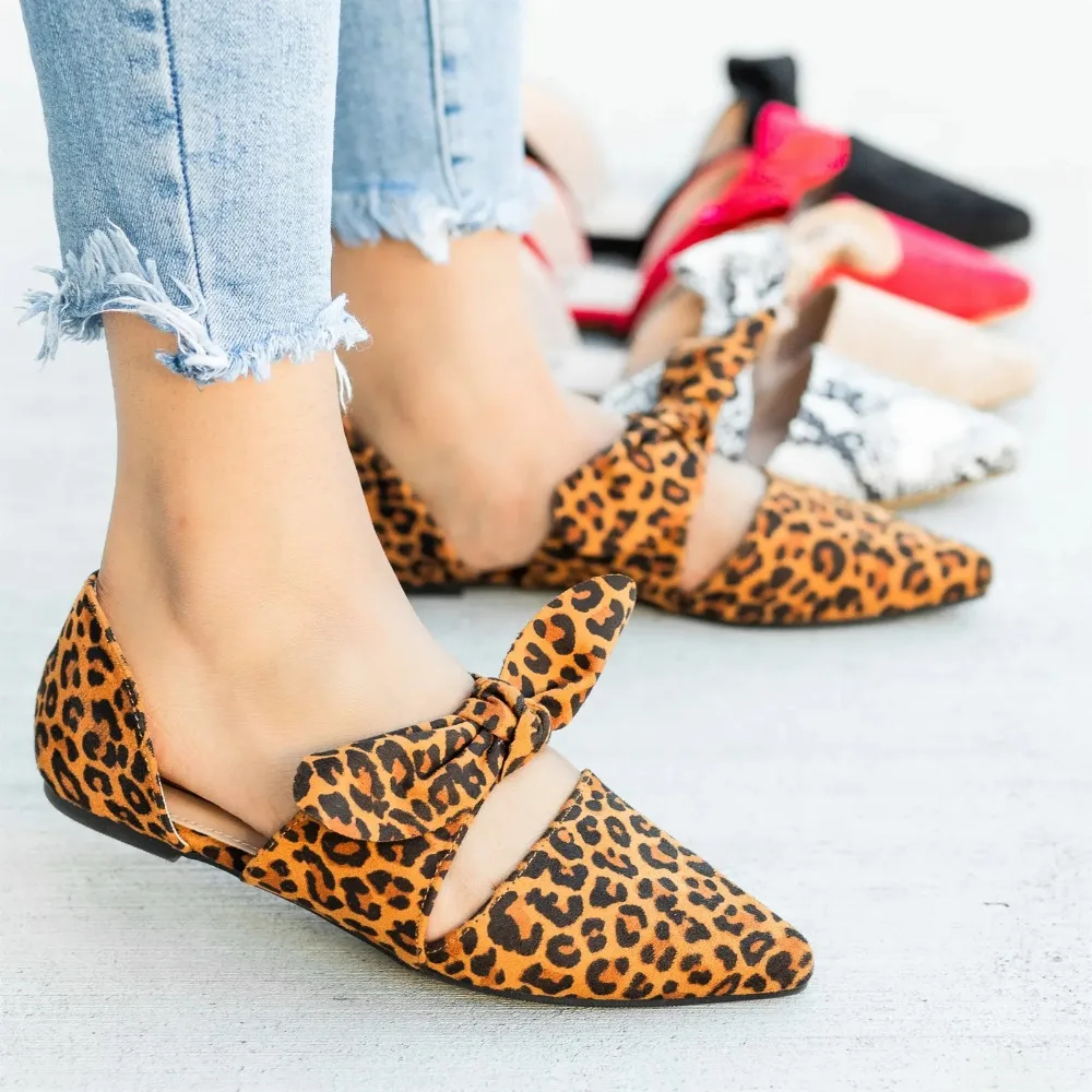 

HEFLASHOR 2019 Spring Summer Flats Women Shoes Leopard Bowtie Leather Elegant Low Heels Slip On Footwear Female Pointed Toe Flat