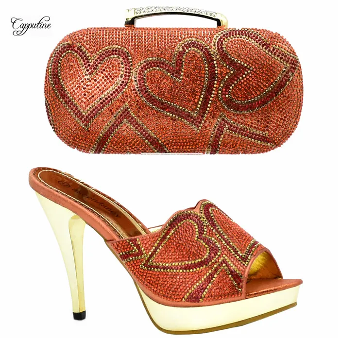 

Amazing orange with heart pattern rhinestones thin high heel pump shoes and evening handbag set XY10 heel height 10.5 cm