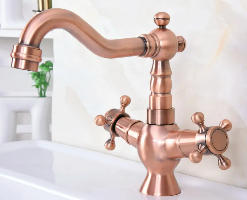 Vintage Retro Antique Red Copper Brass Kitchen Wet Bar Bathroom Vessel Sink Faucet Single Hole Swivel Spout Mixer Tap anf616