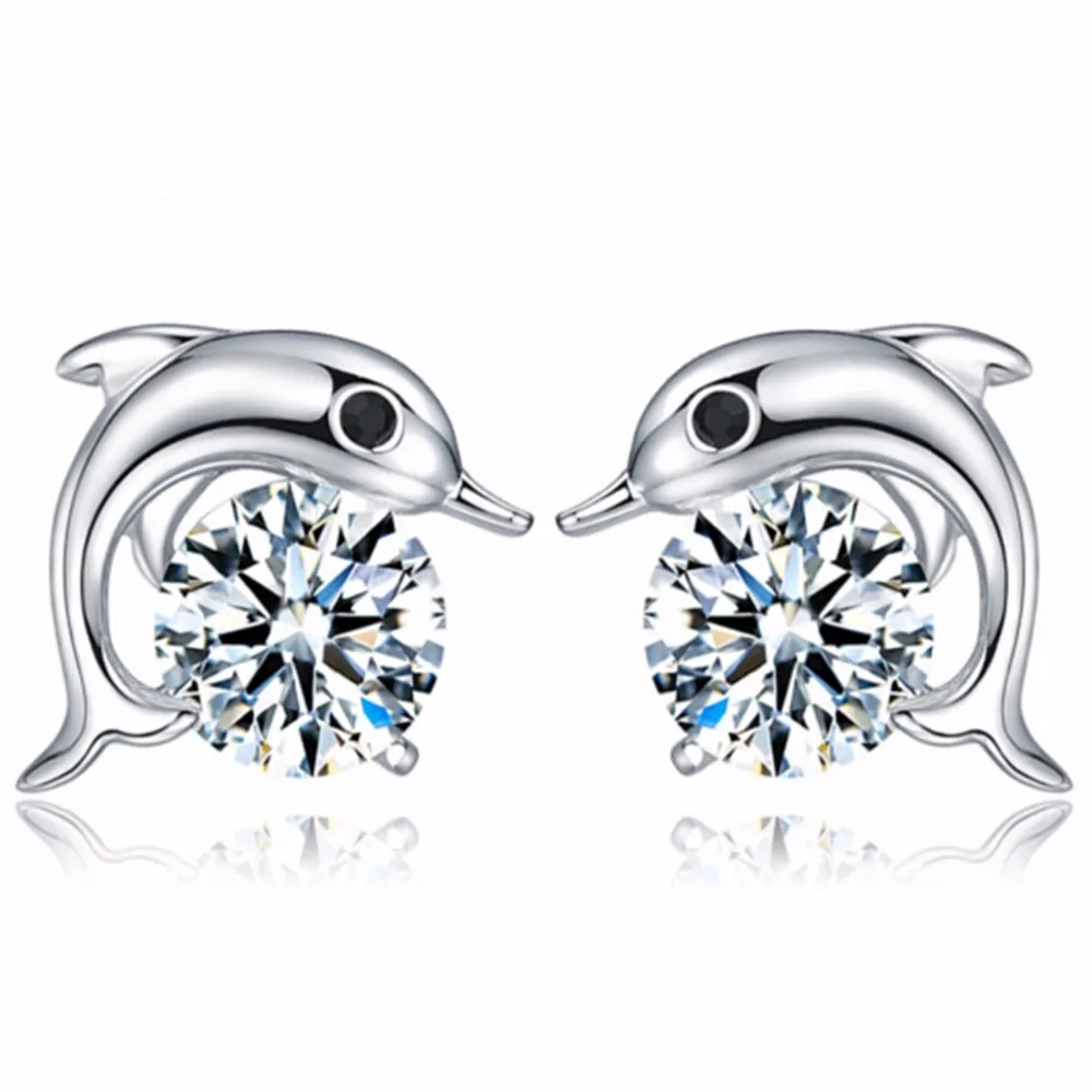 E032 High Quality Silver Color Dolphin Stud Earrings For Women Crystal