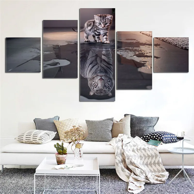 Image Newest Island 5 Panels Decorations Modern Canvas Prints Artwork Cat and Tiger Pictures Paintings Canvas Wall Art Painting Decor