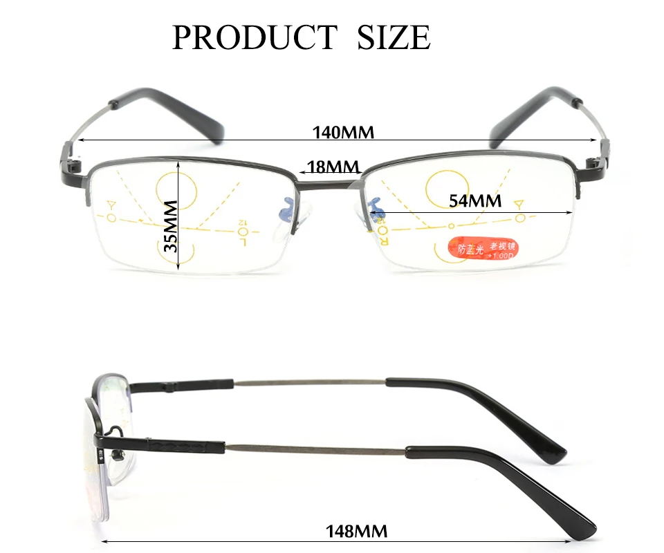 Прогрессивные Мультифокальные очки для чтения, мужские очки для чтения с полуоправой, анти-blue светильник, очки для чтения 1,00 1,50 2,00 3,00