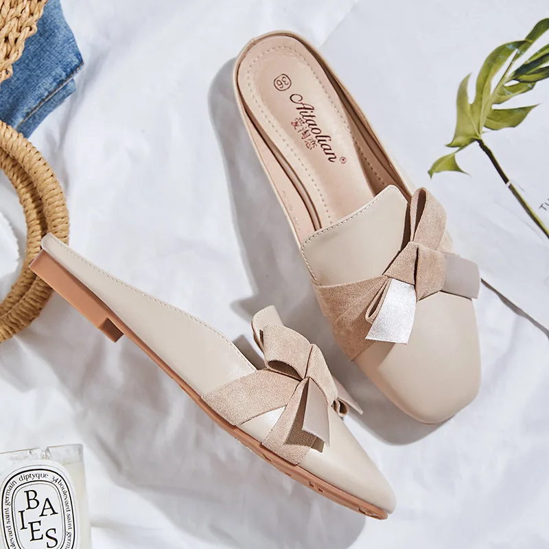 

Korean design sweet bow slippers banquet women's slides shoes shallow mouth square toe flip flops velvet bowtie mules shoes 436