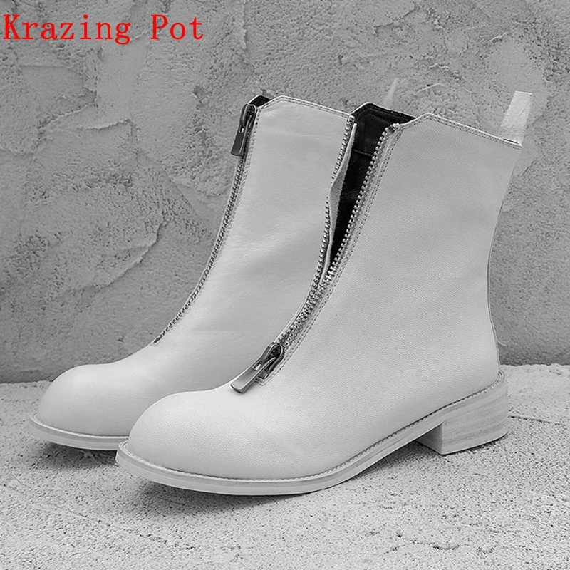 

Krazing Pot Winter genuine leather zipper decoration motorcycle boots streetwear white black wine color women ankle boots L9f1