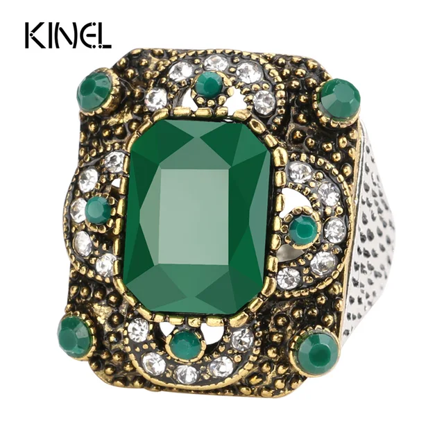 Kinel Turkish Rings For Women Antique Gold Green Resin Hollow Out Square Party B Kinel Turkish Rings For Women Antique Gold Green Resin Hollow Out Square Party B