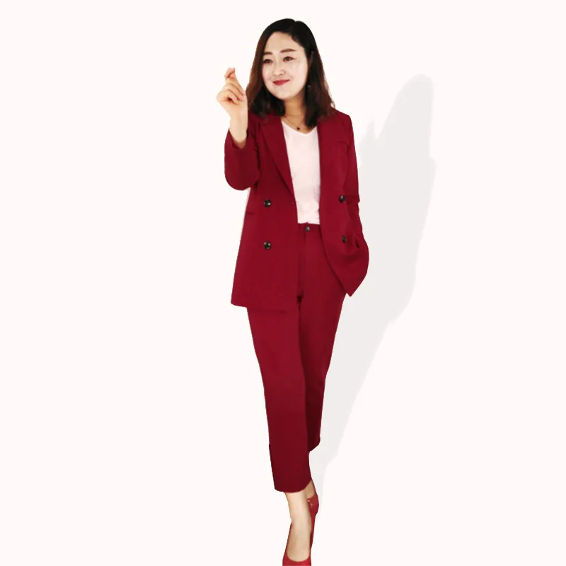 

Spring and Autumn large size women's new double-breasted suit nine points feet pants suit banquet casual OL professional suit