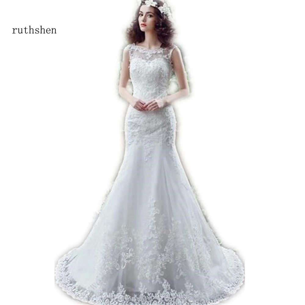 

ruthshen Mermaid Lace Backless Wedding Dresses Cheap With Sheer Bateau Appliques Bohemian Wedding Gown Vestido De Novia 2018