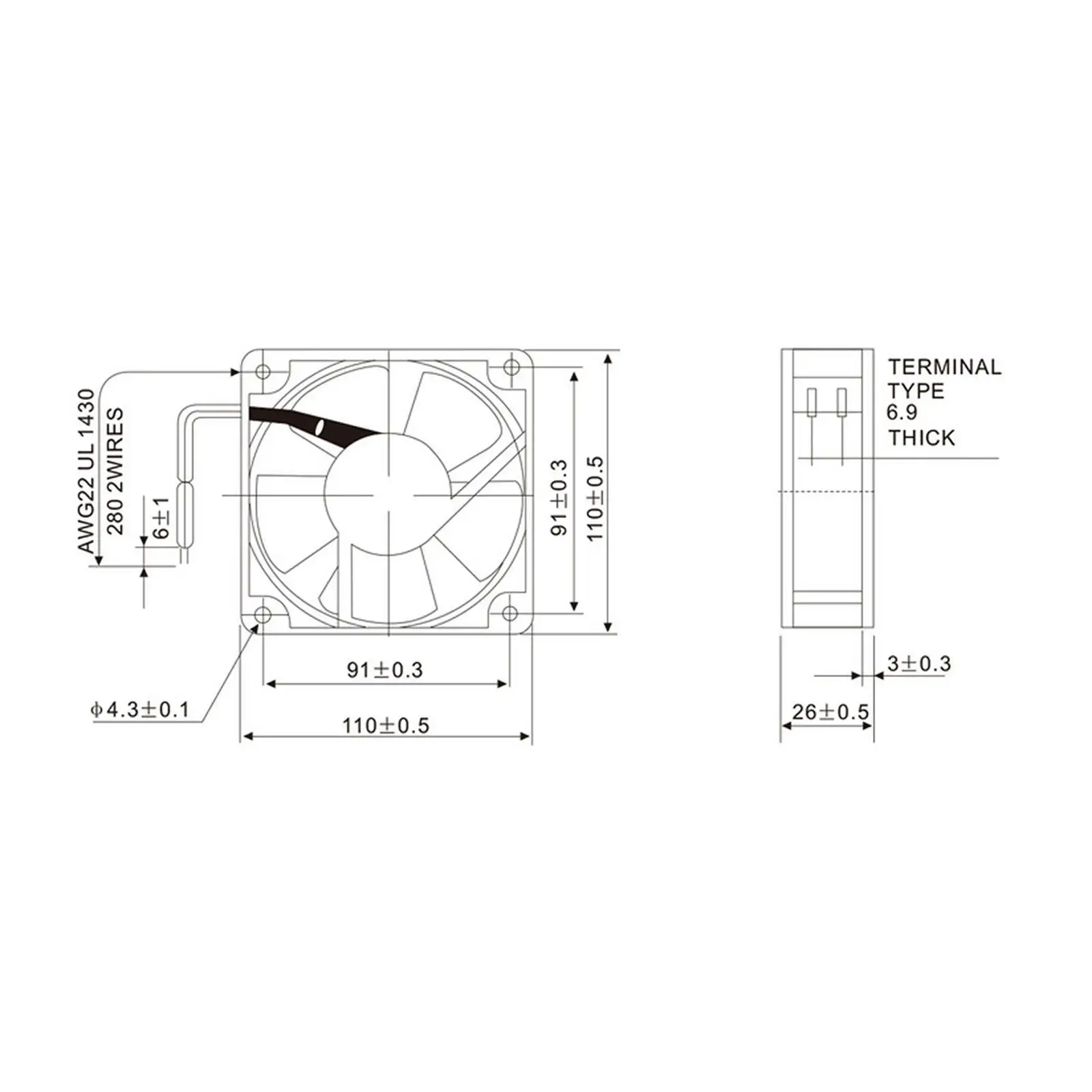 220V AC 110x110x25mm Axial Radiator Fan 47CFM 2100RPM Ball Bearing High Speed