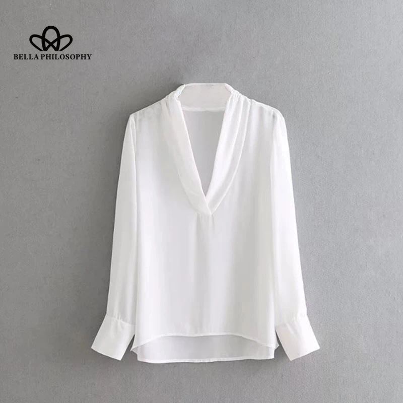 

Bella Philosophy 2018 Spring Women Sweet Blouse Long Sleeve Solid V Neck Blouse Fashion Casual Female Blouse Women Tops