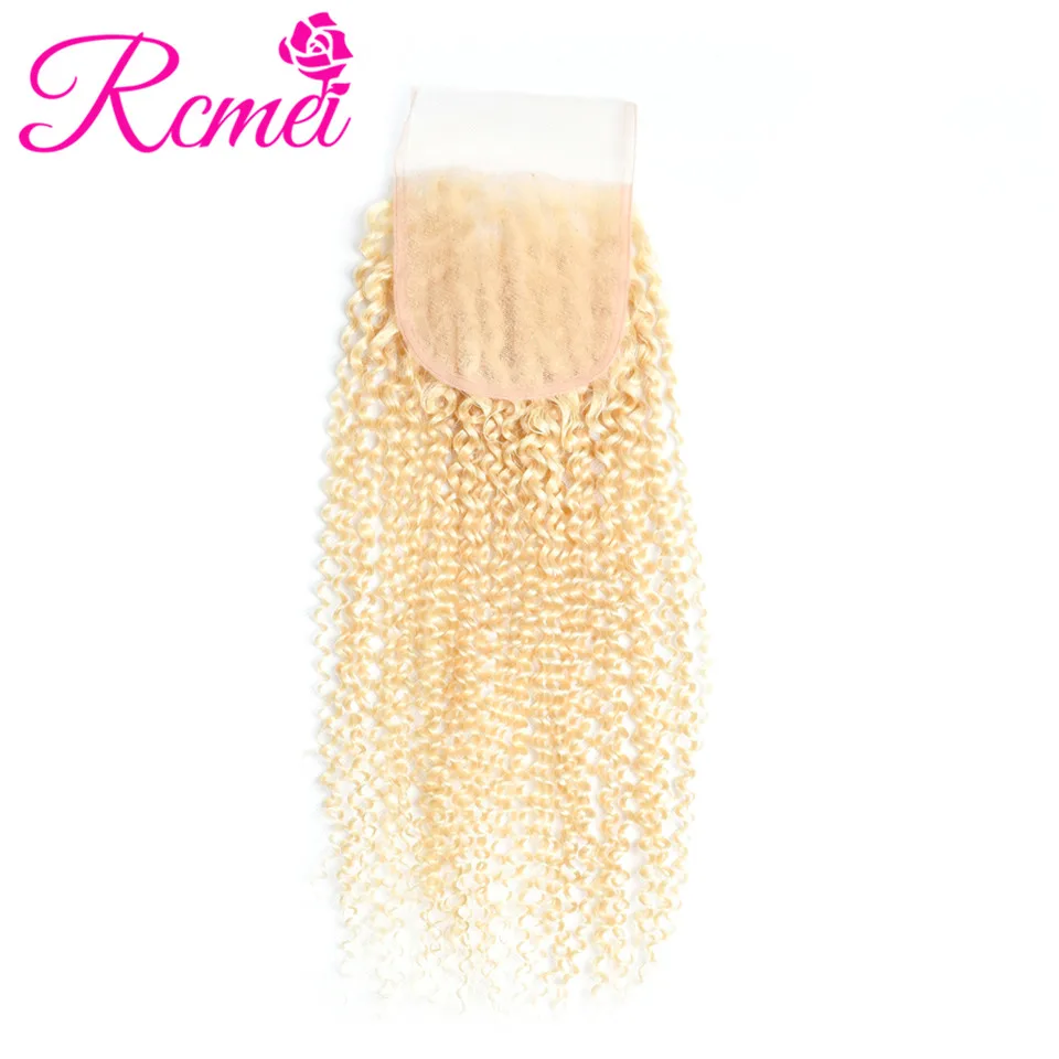 613 Blonde Color Human Hair Extension Peruvian Kinky Curly Hair Bundles With Closure 4 Bundle Deal 613 Curly Hair Weaving Rcmei