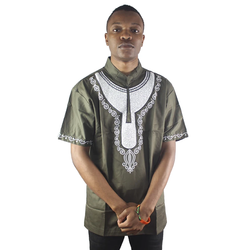 

Green Buff Embroidered Men`s Dashiki Tops African Ethnic Shirts for Male Summer Wearing