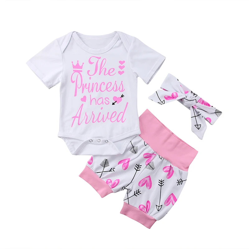 

Princess Newborn Baby Girl Summer Clothes Short Sleeve Cotton Romper Tops+Arrow Print Shorts Pant Headband 3PCS Clothing Set