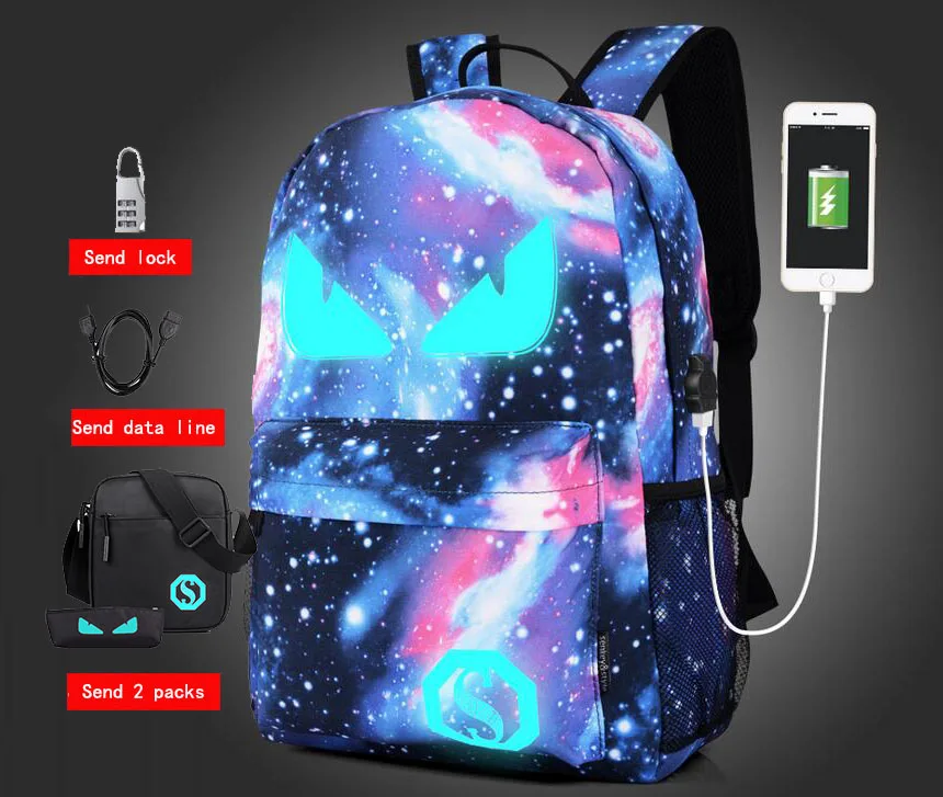 Senkey стильный мужской рюкзак студенческий аниме светящийся USB зарядка ноутбук школьная сумка для подростка Противоугонный рюкзак женский - Цвет: Emo blue 3 usb