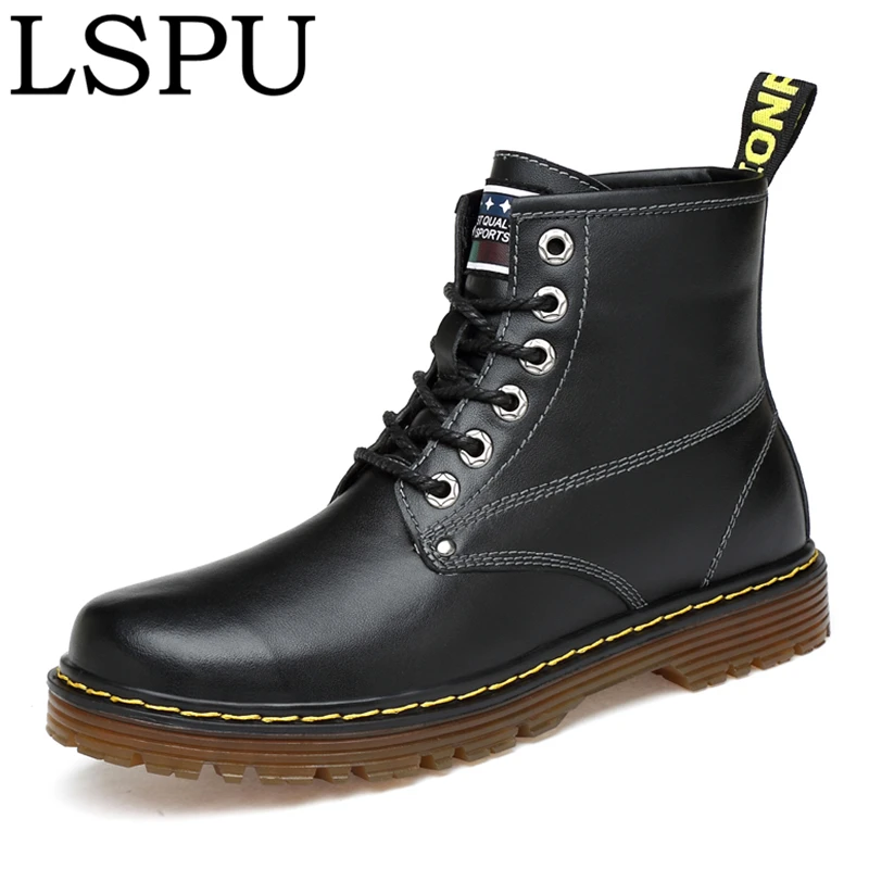 

High Quality Genuine Leather Martin Boots Lace Up Warm Plush Winter Boots Ankle Botas Fashion Motorcycles Boots Plus Size 38-47