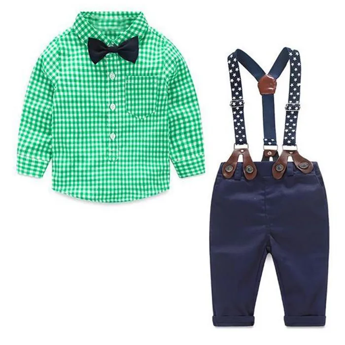 Модная одежда для маленьких мальчиков клетчатая рубашка+ подтяжки для новорожденных, одежда с длинными рукавами для маленьких мальчиков костюм джентльмена с бантом детская одежда - Цвет: Зеленый