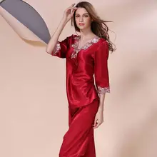 Стиль женские шелковые пижамы наборы весна лето дизайн элегантные кружевные вышитые женские атласные пижамы, 5 цветов, большие размеры