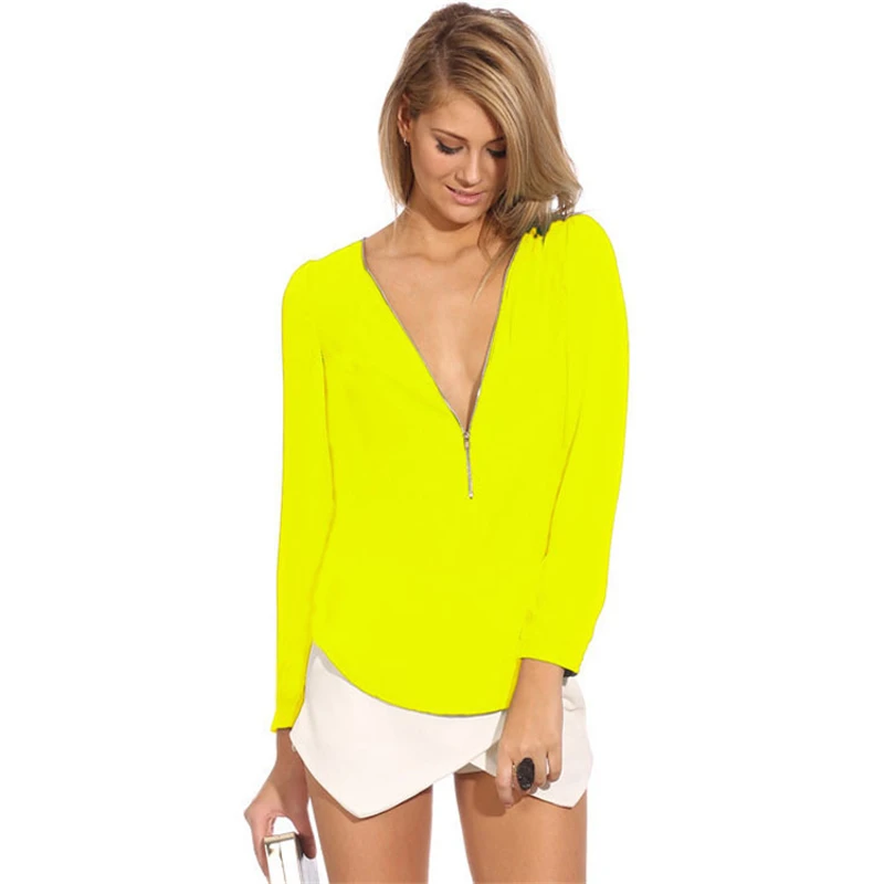 Lemon Yellow Chiffon Blouse For Office Lady Zipper Open Sexy V neck