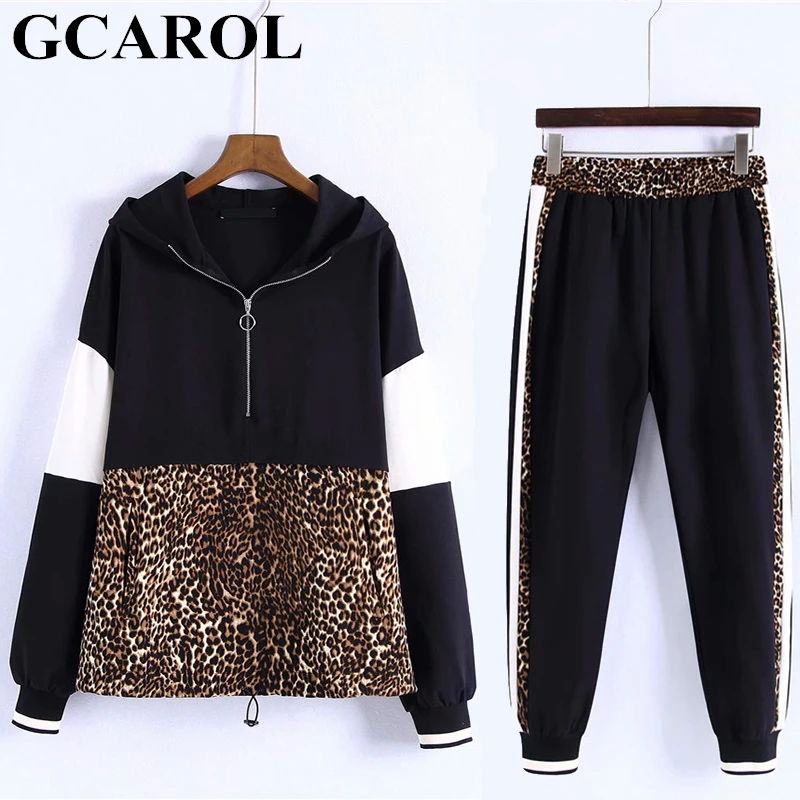GCAROL New Arrival Fall Women 2 Pieces Sets Leopard Spliced Sweatshirt Ankle Length Harm Pants Women Tracksuits Hoodies Outfiits