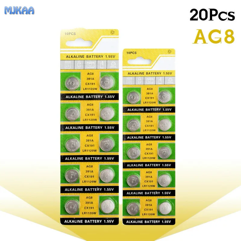 

20pcs/pack AG8 LR1120 391 SR1120 191 LR55 Cell Coin Alkaline Battery 1.55V LR1120W CX191 Button Batteries for Watch Toys Remote