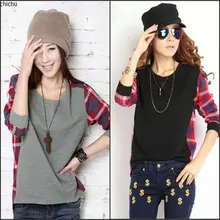 fashion Women’s Clothes long sleeve t Shirt O-neck tartan design Printed top 2016 Free Shipping