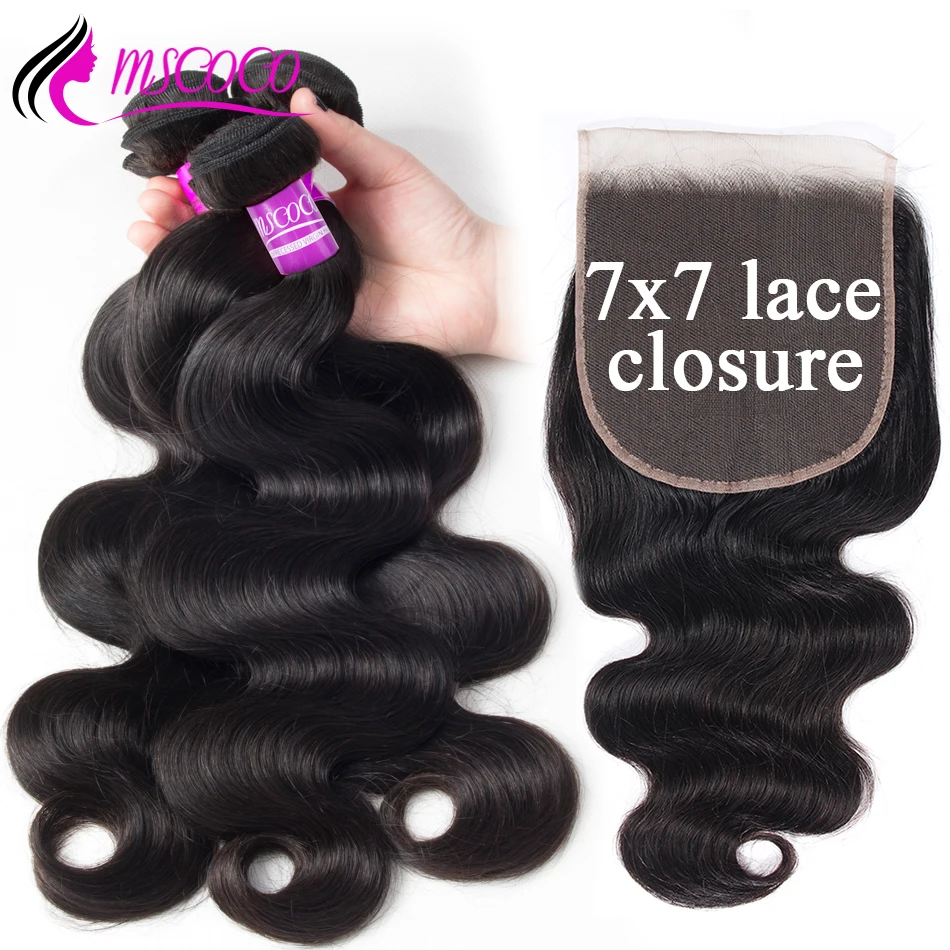 

Mscoco Brazilian Hair Weave 3 Bundles With Closure Body Wave Bundles With 7x7 Lace Closure Remy Human Hair Bundles With Closure