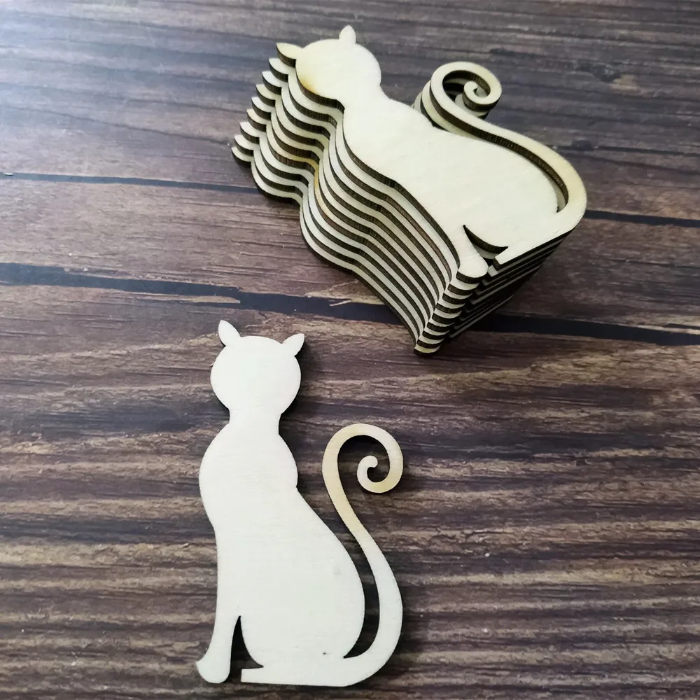 Buy 10pcs Unfinished Wooden Cat Wood Embellishments