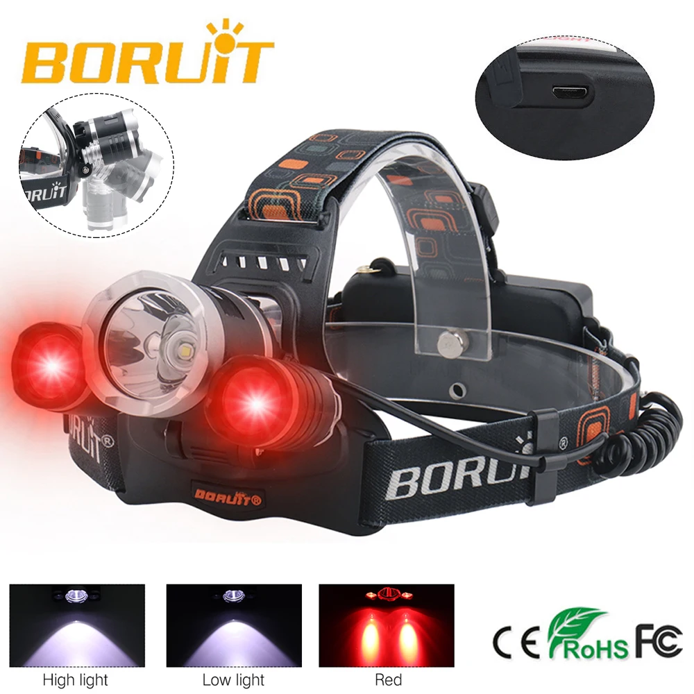 cheap BORUIT LED Headlamp 6000LM XM T6+2*XPE Red Headlight Torch 3 Mode Micro USB Violet Head Torch Out Door FISHING Hunting