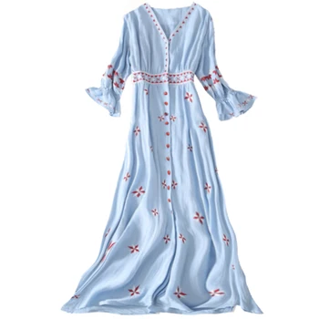 

Women Summer Boho Dress Sexy V-Neck Half Sleeve Print Long Dress 2020 Ladies Casual Vacation Swim Beach Dresses Vestidos