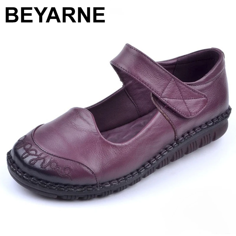 

BEYARNE 2019Spring Genuine Leather Shoes Woman Retro Embroider Soft Bottom Mary Janes Flats Comfortable Casual Women ShoesE207