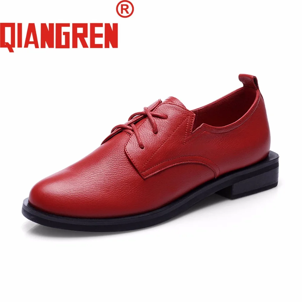 

QIANGREN Military Brand Women's Spring Black Red Genuine Leather Rubber Casual Career Office Shoes Cow Leather Big Size Shoes