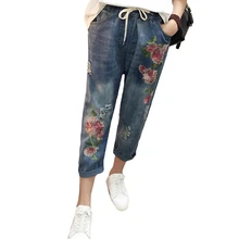Летние модные джинсы с цветочной вышивкой Женские повседневные свободные джинсы с высокой талией больших размеров винтажные рваные женские джинсы 3XL