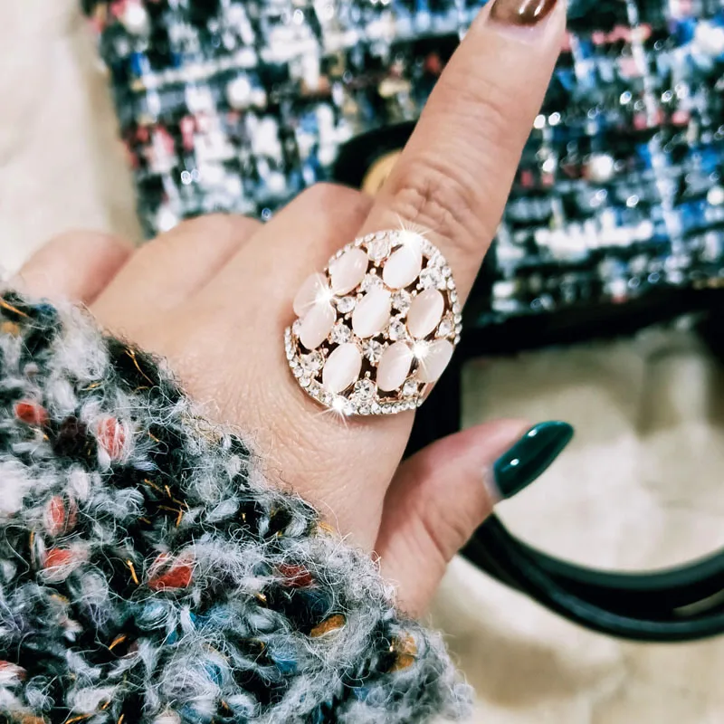 

SINLEERY Vintage Opal Rhinestone Hollow Big Wide Rings For Women Fashion Jewelry Rose Gold Color JZ197 SSH