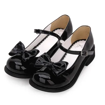 

New Lolita shoes flat with round head bow black and white girl princess shoes A