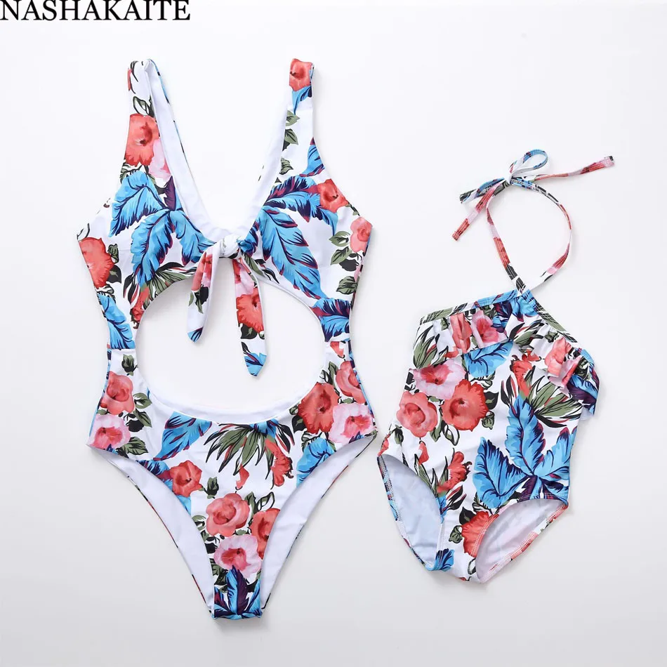 

NASHAKAITE Mommy and me Clothes Matching Swimsuit Cut Out Bowknot Bandage Floral Swimsuit For mom and daughter Family Look