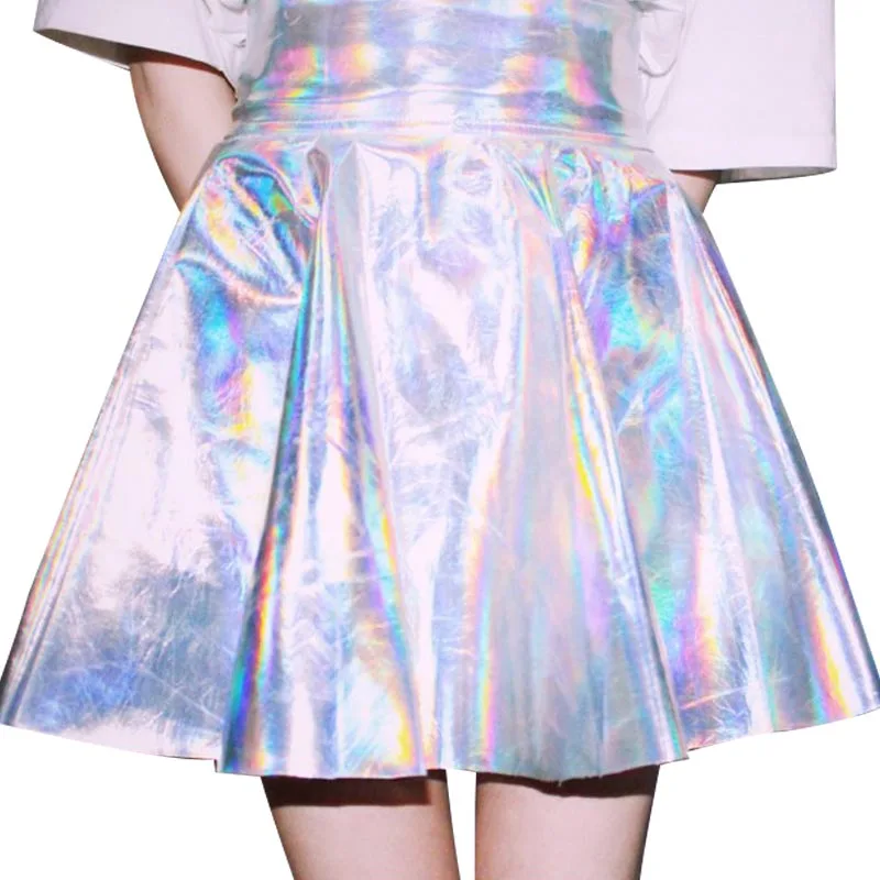 

Women Harajuku Galactic Silver skirts reflective shiny metal Silver laser pleated mini skirts Punk A-Line high waist Puff skirts