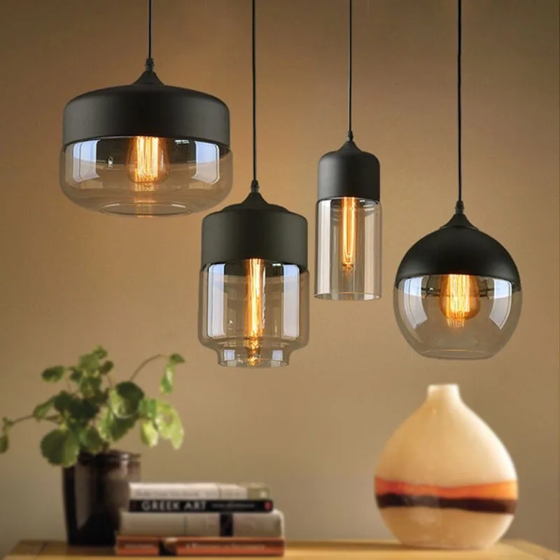 

Metal Industrial Glass Pendant Light Black Loft Bar Counter Dining Room Personality Creative Glass Ceiling Hanging Lamp