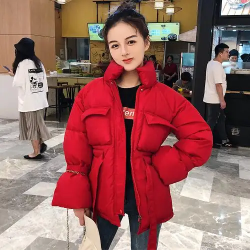 Женские парки Mujer, зимняя куртка с хлопковой подкладкой для женщин, большие размеры, свободная короткая парка с карманами, толстые теплые женские зимние куртки - Цвет: Красный