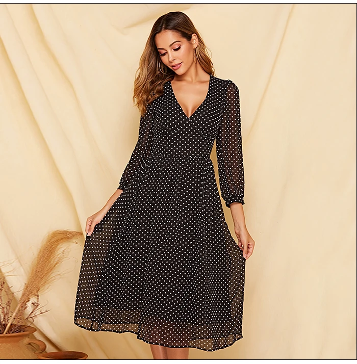 S.FLAVOR Bohemian Women Chiffon Dress Sexy V-neck Lantern Sleeve Slim Vestidos De Festa Female Spring Summer A-line Dress